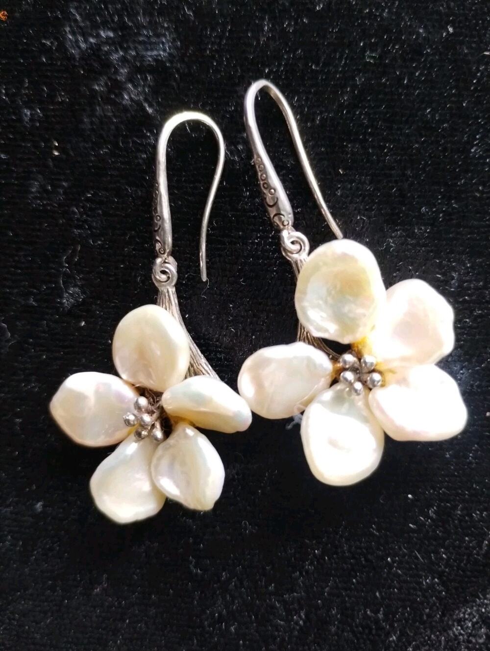 BJ China 925 Sterling Pearl Buttons Wired Cherry Blossom Flowers Drop Earrings